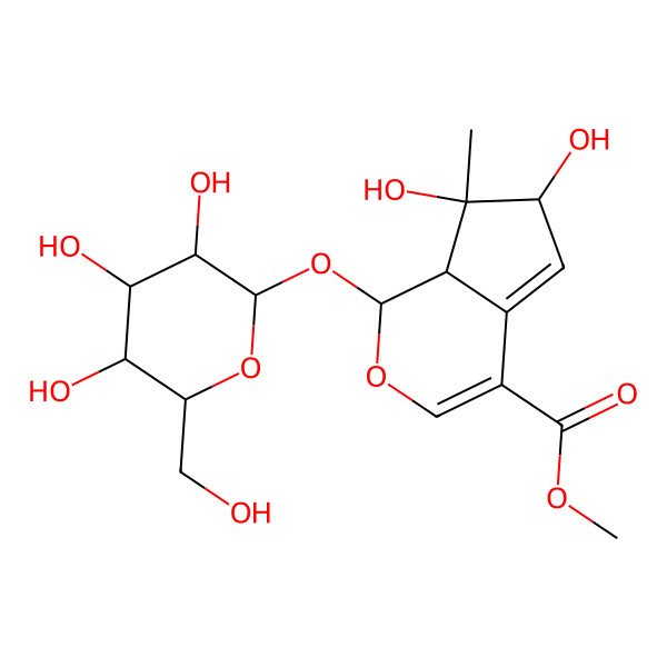 2D Structure of methyl (1S,6S,7S,7aS)-6,7-dihydroxy-7-methyl-1-[(2S,3R,4S,5S,6R)-3,4,5-trihydroxy-6-(hydroxymethyl)oxan-2-yl]oxy-6,7a-dihydro-1H-cyclopenta[c]pyran-4-carboxylate