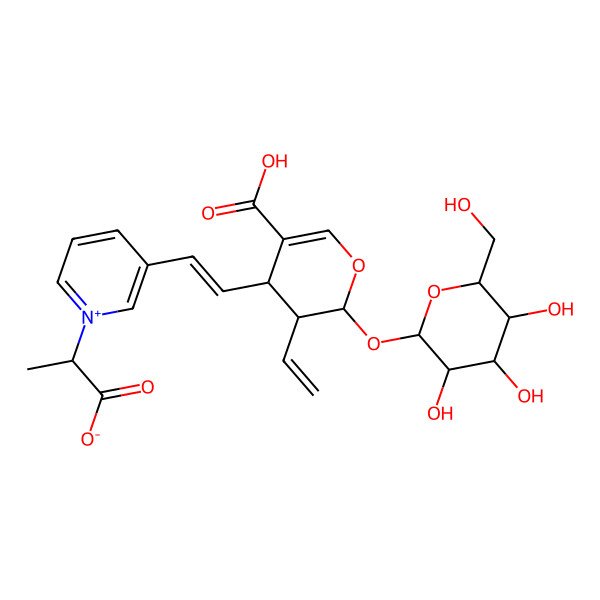 2D Structure of (2S)-2-[3-[(E)-2-[(2S,3R,4S)-5-carboxy-3-ethenyl-2-[(2S,3R,4S,5S,6R)-3,4,5-trihydroxy-6-(hydroxymethyl)oxan-2-yl]oxy-3,4-dihydro-2H-pyran-4-yl]ethenyl]pyridin-1-ium-1-yl]propanoate