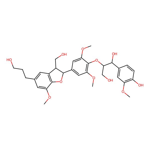 2D Structure of (2R)-2-[3,5-Dimethoxy-4-[(1S,2R)-1-(hydroxymethyl)-2-hydroxy-2-(4-hydroxy-3-methoxyphenyl)ethoxy]phenyl]-5-(3-hydroxypropyl)-7-methoxy-2,3-dihydrobenzofuran-3beta-methanol