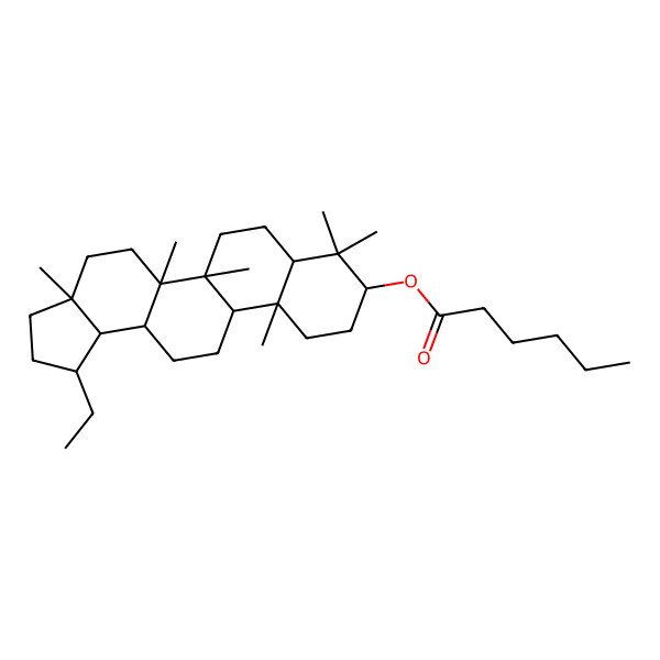 2D Structure of (1-Ethyl-3a,5a,5b,8,8,11a-hexamethyl-1,2,3,4,5,6,7,7a,9,10,11,11b,12,13,13a,13b-hexadecahydrocyclopenta[a]chrysen-9-yl) hexanoate