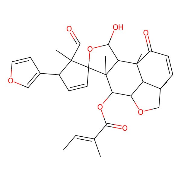 2D Structure of [(1S,2R,3S,4'S,5S,5'S,6S,7S,8R,11R,15S)-4'-formyl-5'-(furan-3-yl)-3-hydroxy-1,4',6,11-tetramethyl-14-oxospiro[4,9-dioxatetracyclo[6.6.1.02,6.011,15]pentadec-12-ene-5,3'-cyclopentene]-7-yl] (E)-2-methylbut-2-enoate