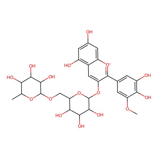 2D Structure of (2R,4S,5R)-2-[[(3S,6S)-6-[2-(3,4-dihydroxy-5-methoxyphenyl)-5,7-dihydroxychromenylium-3-yl]oxy-3,4,5-trihydroxyoxan-2-yl]methoxy]-6-methyloxane-3,4,5-triol
