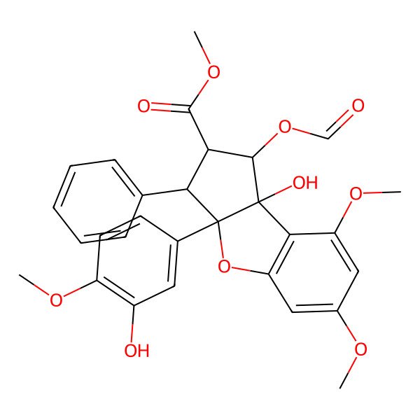 2D Structure of (1R)-2,3-Dihydro-1-(formyloxy)-8bbeta-hydroxy-3beta-phenyl-3abeta-(3-hydroxy-4-methoxyphenyl)-6,8-dimethoxy-1H-cyclopenta[b]benzofuran-2alpha-carboxylic acid methyl ester
