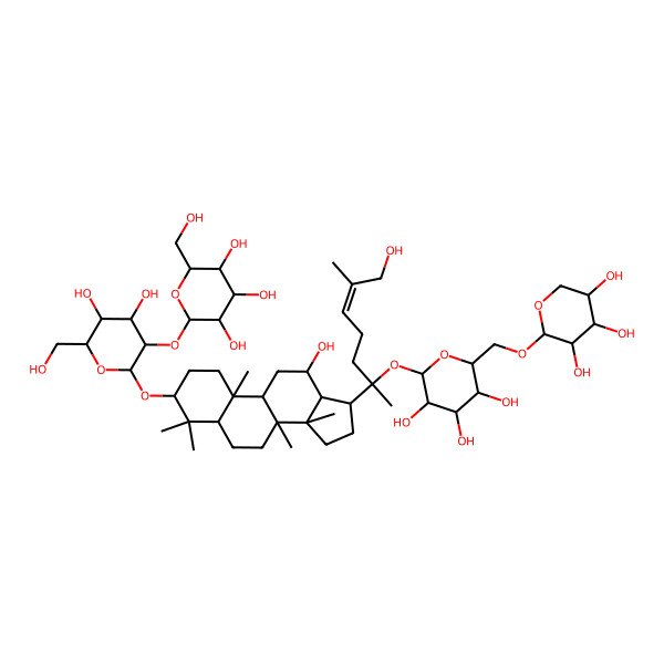 2D Structure of (2S,3R,4S,5S,6R)-2-[(2R,3R,4S,5S,6R)-4,5-dihydroxy-2-[[12-hydroxy-17-[(E)-7-hydroxy-6-methyl-2-[(2S,3R,4S,5S,6R)-3,4,5-trihydroxy-6-[[(2R,3R,4S,5R)-3,4,5-trihydroxyoxan-2-yl]oxymethyl]oxan-2-yl]oxyhept-5-en-2-yl]-4,4,8,10,14-pentamethyl-2,3,5,6,7,9,11,12,13,15,16,17-dodecahydro-1H-cyclopenta[a]phenanthren-3-yl]oxy]-6-(hydroxymethyl)oxan-3-yl]oxy-6-(hydroxymethyl)oxane-3,4,5-triol