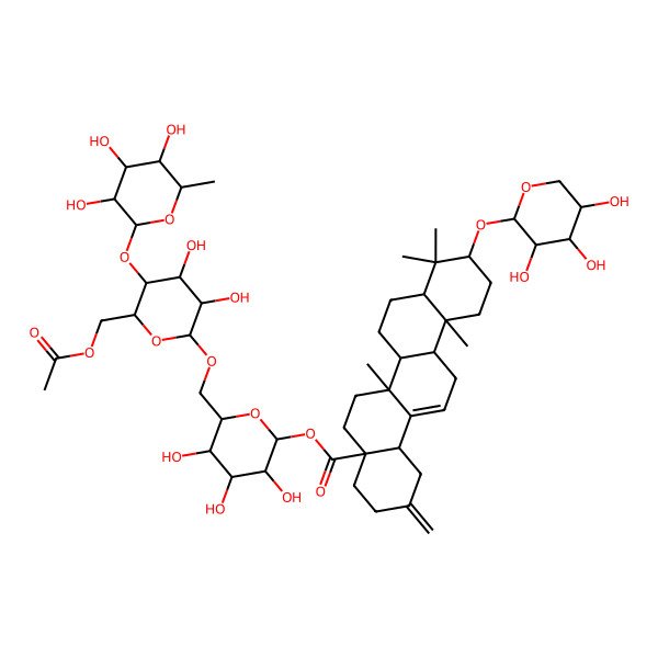 2D Structure of [(2S,3R,4S,5S,6R)-6-[[(2R,3R,4R,5S,6R)-6-(acetyloxymethyl)-3,4-dihydroxy-5-[(2S,3R,4R,5R,6S)-3,4,5-trihydroxy-6-methyloxan-2-yl]oxyoxan-2-yl]oxymethyl]-3,4,5-trihydroxyoxan-2-yl] (4aS,6aS,6aS,6bR,8aR,10S,12aR,14bS)-6a,9,9,12a-tetramethyl-2-methylidene-10-[(2S,3R,4S,5S)-3,4,5-trihydroxyoxan-2-yl]oxy-3,4,5,6,6a,6b,7,8,8a,10,11,12,13,14b-tetradecahydro-1H-picene-4a-carboxylate