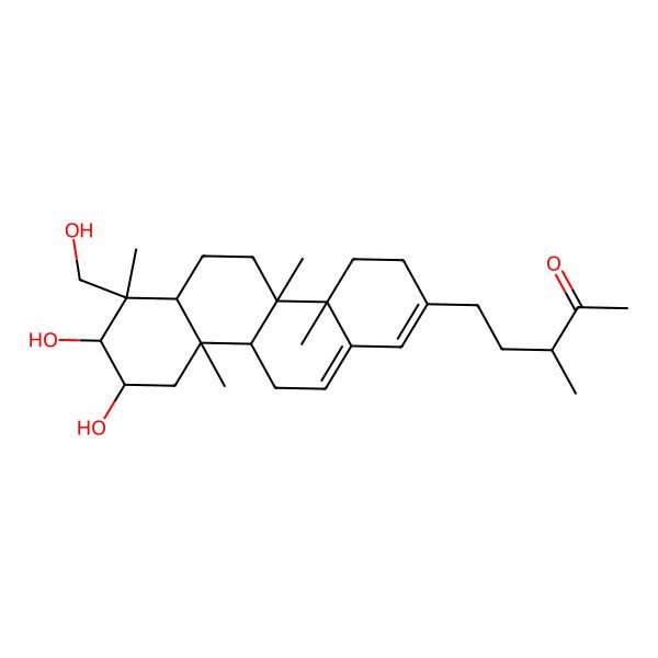 2D Structure of (3S)-5-[(4aS,4bR,6aR,7R,8R,9R,10aR,10bR)-8,9-dihydroxy-7-(hydroxymethyl)-4a,4b,7,10a-tetramethyl-3,4,5,6,6a,8,9,10,10b,11-decahydrochrysen-2-yl]-3-methylpentan-2-one