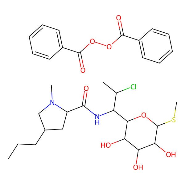 2D Structure of benzoyl benzenecarboperoxoate;(2S,4R)-N-[2-chloro-1-[(2R,3R,4S,5R,6R)-3,4,5-trihydroxy-6-methylsulfanyloxan-2-yl]propyl]-1-methyl-4-propylpyrrolidine-2-carboxamide