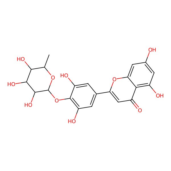 2D Structure of 2-[3,5-dihydroxy-4-[(2S,3R,4R,5R,6S)-3,4,5-trihydroxy-6-methyloxan-2-yl]oxyphenyl]-5,7-dihydroxychromen-4-one