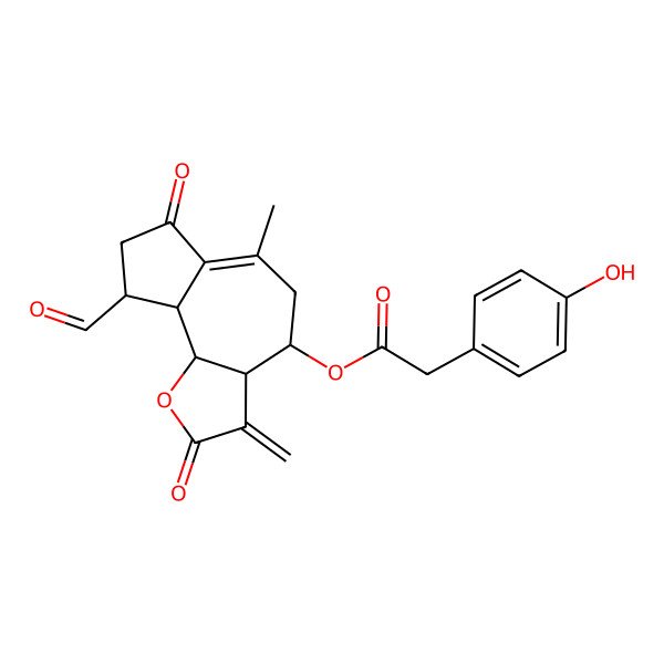 2D Structure of [(3aR,4S,9R,9aS,9bR)-9-formyl-6-methyl-3-methylidene-2,7-dioxo-4,5,8,9,9a,9b-hexahydro-3aH-azuleno[4,5-b]furan-4-yl] 2-(4-hydroxyphenyl)acetate