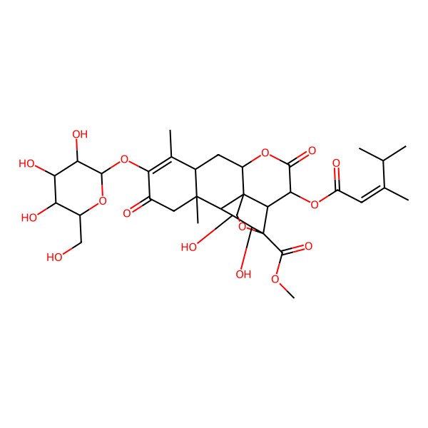 2D Structure of methyl (2S,3R,6R,13S,17S)-3-[(E)-3,4-dimethylpent-2-enoyl]oxy-15,16-dihydroxy-9,13-dimethyl-4,11-dioxo-10-[(2S,3R,4S,5S,6R)-3,4,5-trihydroxy-6-(hydroxymethyl)oxan-2-yl]oxy-5,18-dioxapentacyclo[12.5.0.01,6.02,17.08,13]nonadec-9-ene-17-carboxylate