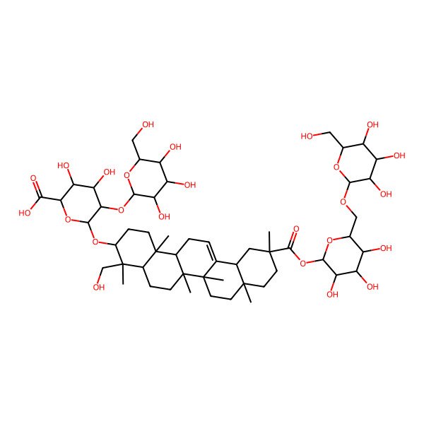 2D Structure of (2S,3S,4S,5R,6R)-6-[[(3S,4S,4aR,6aR,6bS,8aS,11R,12aR,14aR,14bR)-4-(hydroxymethyl)-4,6a,6b,8a,11,14b-hexamethyl-11-[(2S,3R,4S,5S,6R)-3,4,5-trihydroxy-6-[[(2S,3R,4S,5S,6R)-3,4,5-trihydroxy-6-(hydroxymethyl)oxan-2-yl]oxymethyl]oxan-2-yl]oxycarbonyl-1,2,3,4a,5,6,7,8,9,10,12,12a,14,14a-tetradecahydropicen-3-yl]oxy]-3,4-dihydroxy-5-[(2S,3R,4S,5S,6R)-3,4,5-trihydroxy-6-(hydroxymethyl)oxan-2-yl]oxyoxane-2-carboxylic acid