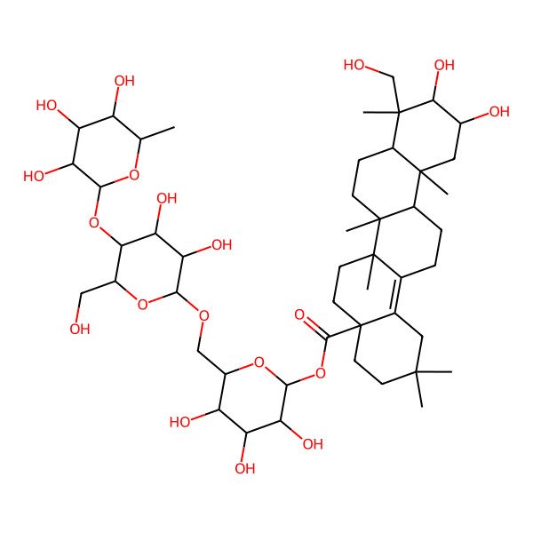 2D Structure of [(2S,3R,4S,5S,6R)-6-[[(2R,3R,4R,5S,6R)-3,4-dihydroxy-6-(hydroxymethyl)-5-[(2S,3R,4R,5R,6S)-3,4,5-trihydroxy-6-methyloxan-2-yl]oxyoxan-2-yl]oxymethyl]-3,4,5-trihydroxyoxan-2-yl] (4aS,6aR,6aS,6bR,8aR,9R,10R,11R,12aR)-10,11-dihydroxy-9-(hydroxymethyl)-2,2,6a,6b,9,12a-hexamethyl-1,3,4,5,6,6a,7,8,8a,10,11,12,13,14-tetradecahydropicene-4a-carboxylate