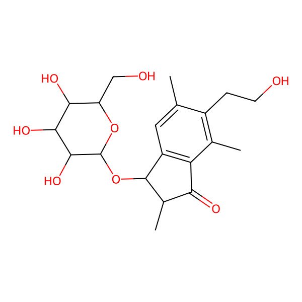 2D Structure of 6-(2-Hydroxyethyl)-2,5,7-trimethyl-3-[3,4,5-trihydroxy-6-(hydroxymethyl)oxan-2-yl]oxy-2,3-dihydroinden-1-one