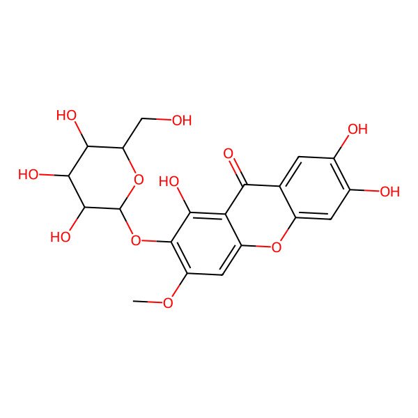 2D Structure of 1,6,7-trihydroxy-3-methoxy-2-[(2S,3R,4S,5S,6R)-3,4,5-trihydroxy-6-(hydroxymethyl)oxan-2-yl]oxyxanthen-9-one