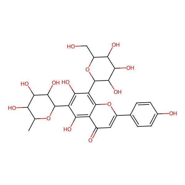 2D Structure of 5,7-dihydroxy-2-(4-hydroxyphenyl)-8-[(2S,4R,5S)-3,4,5-trihydroxy-6-(hydroxymethyl)oxan-2-yl]-6-[(2S,4S,5R)-3,4,5-trihydroxy-6-methyloxan-2-yl]chromen-4-one