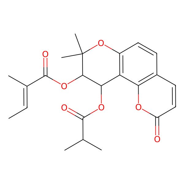 2D Structure of [(9R,10R)-8,8-dimethyl-10-(2-methylpropanoyloxy)-2-oxo-9,10-dihydropyrano[2,3-f]chromen-9-yl] (E)-2-methylbut-2-enoate