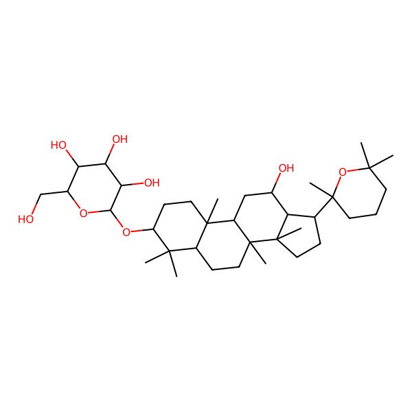 2D Structure of (2R,3S,4S,5R,6R)-2-(hydroxymethyl)-6-[[(3S,8R,10R,12R)-12-hydroxy-4,4,8,10,14-pentamethyl-17-(2,6,6-trimethyloxan-2-yl)-2,3,5,6,7,9,11,12,13,15,16,17-dodecahydro-1H-cyclopenta[a]phenanthren-3-yl]oxy]oxane-3,4,5-triol