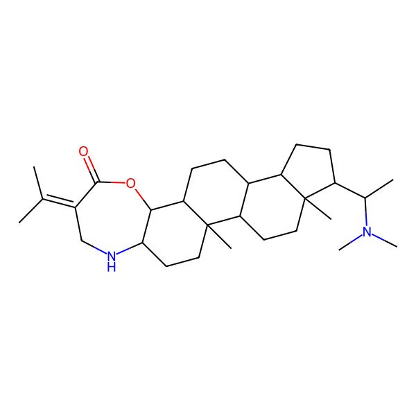 2D Structure of (1R,5S,14R,20S)-6-[1-(dimethylamino)ethyl]-1,5-dimethyl-17-propan-2-ylidene-15-oxa-19-azapentacyclo[11.9.0.02,10.05,9.014,20]docosan-16-one
