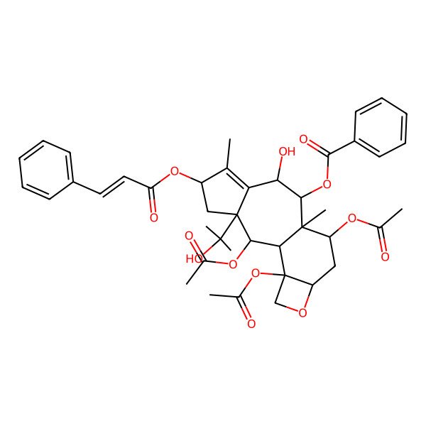 2D Structure of [(1R,2S,3S,5S,8R,9R,10S,11S,13R,16S)-2,11,16-triacetyloxy-8-hydroxy-3-(2-hydroxypropan-2-yl)-6,10-dimethyl-5-[(E)-3-phenylprop-2-enoyl]oxy-14-oxatetracyclo[8.6.0.03,7.013,16]hexadec-6-en-9-yl] benzoate