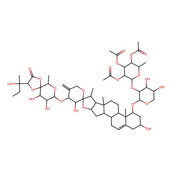 2D Structure of [(2S,3S,4R,5R,6S)-4,5-diacetyloxy-6-[(2S,3R,4S,5S)-2-[(1S,2S,3'S,4S,4'S,6S,7S,8R,9S,12S,13R,14R,16R)-4'-[[(2R,5S,6R,7R,8R,10R)-6,7-dihydroxy-2-[(2S)-2-hydroxybutan-2-yl]-10-methyl-3-oxo-1,4,9-trioxaspiro[4.5]decan-8-yl]oxy]-3',16-dihydroxy-7,9,13-trimethyl-5'-methylidenespiro[5-oxapentacyclo[10.8.0.02,9.04,8.013,18]icos-18-ene-6,2'-oxane]-14-yl]oxy-4,5-dihydroxyoxan-3-yl]oxy-2-methyloxan-3-yl] acetate