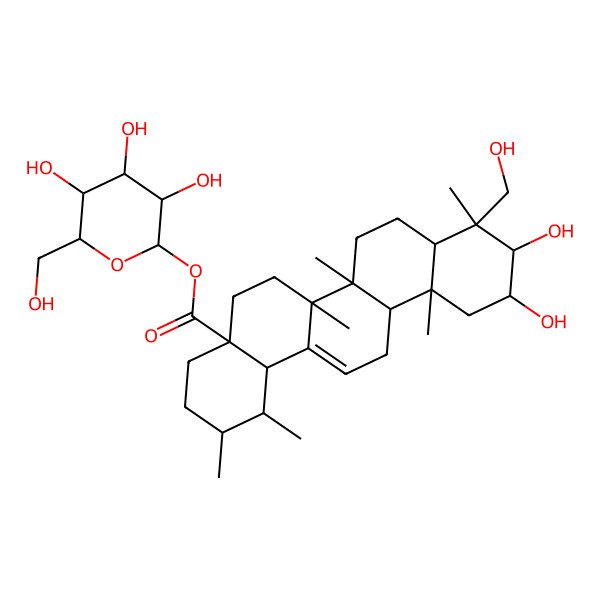 2D Structure of [(2S,3R,4S,5S,6R)-3,4,5-trihydroxy-6-(hydroxymethyl)oxan-2-yl] (1S,2R,4aS,6aR,6aS,6bR,8aR,9R,10S,11R,12aR,14bS)-10,11-dihydroxy-9-(hydroxymethyl)-1,2,6a,6b,9,12a-hexamethyl-2,3,4,5,6,6a,7,8,8a,10,11,12,13,14b-tetradecahydro-1H-picene-4a-carboxylate