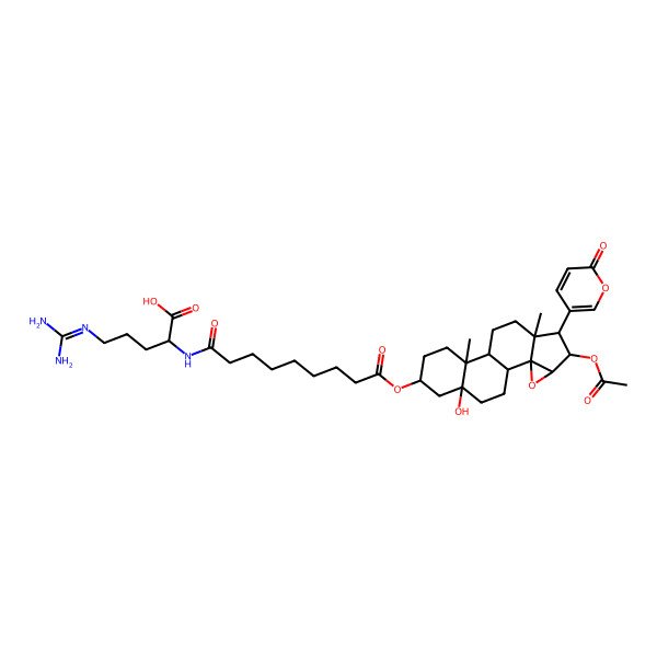 2D Structure of (2S)-2-[[9-[[(1R,2S,4R,5R,6R,7R,10S,11R,14S,16S)-5-acetyloxy-16-hydroxy-7,11-dimethyl-6-(6-oxopyran-3-yl)-3-oxapentacyclo[8.8.0.02,4.02,7.011,16]octadecan-14-yl]oxy]-9-oxononanoyl]amino]-5-(diaminomethylideneamino)pentanoic acid