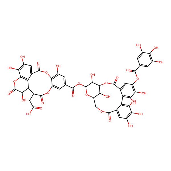 2D Structure of 2-[(14S)-7-[[(21S,22R,23R)-7,8,11,12,13,22,23-heptahydroxy-3,16-dioxo-6-(3,4,5-trihydroxybenzoyl)oxy-2,17,20-trioxatetracyclo[17.3.1.04,9.010,15]tricosa-4,6,8,10,12,14-hexaen-21-yl]oxycarbonyl]-5,14,18,19-tetrahydroxy-2,11,15-trioxo-3,10,16-trioxatetracyclo[11.7.1.04,9.017,21]henicosa-1(20),4,6,8,17(21),18-hexaen-12-yl]acetic acid