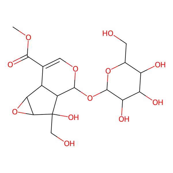 2D Structure of methyl (1S,2S,4S,5R,6S,7S)-5-hydroxy-5-(hydroxymethyl)-7-[(2S,3R,4S,5S,6R)-3,4,5-trihydroxy-6-(hydroxymethyl)oxan-2-yl]oxy-3,8-dioxatricyclo[4.4.0.02,4]dec-9-ene-10-carboxylate