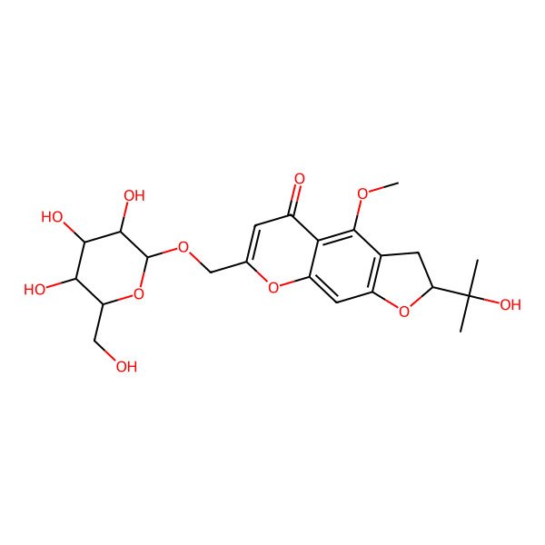 2D Structure of 2-(2-hydroxypropan-2-yl)-4-methoxy-7-[[(2R,3R,4S,5S,6R)-3,4,5-trihydroxy-6-(hydroxymethyl)oxan-2-yl]oxymethyl]-2,3-dihydrofuro[3,2-g]chromen-5-one