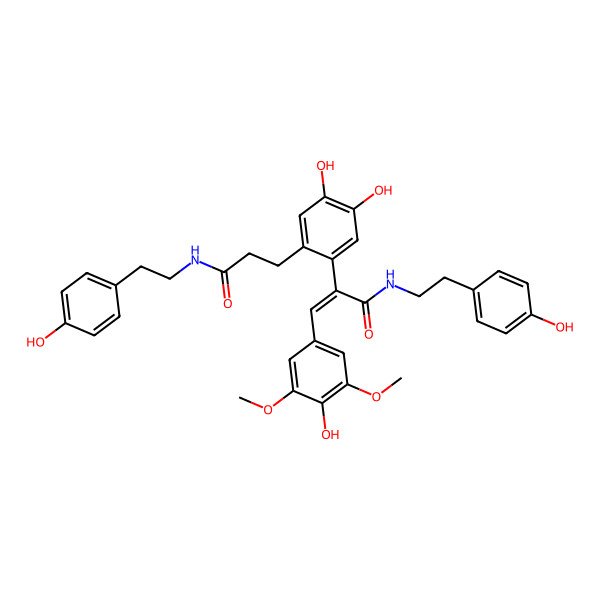 2D Structure of (E)-2-(4,5-Dihydroxy-2-(3-((4-Hydroxyphenethyl)Amino)-3-Oxopropyl)Phenyl)-3-(4-Hydroxy-3,5-Dimethoxyphenyl)-N-(4-Hydroxyphenethyl)Acrylamide