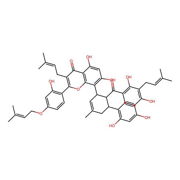 2D Structure of 4H-1-Benzopyran-4-one, 8-[(1S,5R,6S)-6-[2,4-dihydroxy-3-(3-methyl-2-butenyl)benzoyl]-5-(2,4-dihydroxyphenyl)-3-methyl-2-cyclohexen-1-yl]-2-(2,4-dihydroxyphenyl)-5,7-dihydroxy-3-(3-methyl-2-butenyl)-