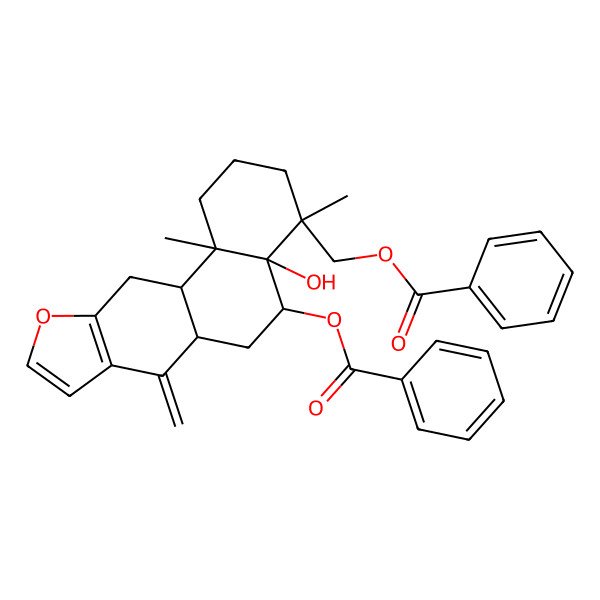 2D Structure of [(4R,4aS,5R,6aR,11aS,11bR)-5-benzoyloxy-4a-hydroxy-4,11b-dimethyl-7-methylidene-1,2,3,5,6,6a,11,11a-octahydronaphtho[2,1-f][1]benzofuran-4-yl]methyl benzoate