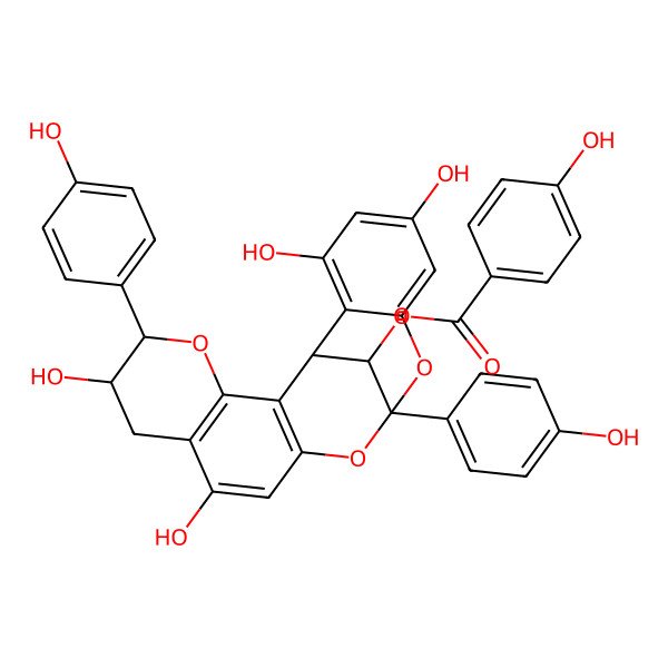 2D Structure of [(1S,5R,6R,13R,21S)-6,9,17,19-tetrahydroxy-5,13-bis(4-hydroxyphenyl)-4,12,14-trioxapentacyclo[11.7.1.02,11.03,8.015,20]henicosa-2(11),3(8),9,15,17,19-hexaen-21-yl] 4-hydroxybenzoate