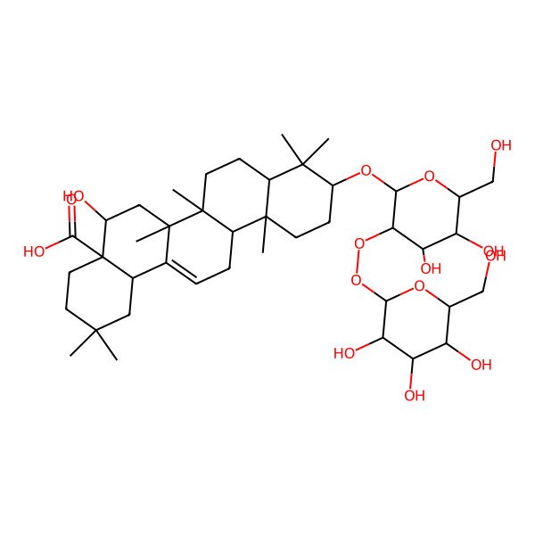 2D Structure of (4aR,5R,6aR,6aS,6bR,8aR,10S,12aR,14bS)-10-[(2R,3R,4S,5S,6R)-4,5-dihydroxy-6-(hydroxymethyl)-3-[(2S,3R,4S,5S,6R)-3,4,5-trihydroxy-6-(hydroxymethyl)oxan-2-yl]peroxyoxan-2-yl]oxy-5-hydroxy-2,2,6a,6b,9,9,12a-heptamethyl-1,3,4,5,6,6a,7,8,8a,10,11,12,13,14b-tetradecahydropicene-4a-carboxylic acid