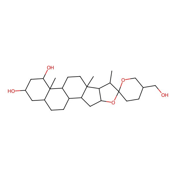 2D Structure of (14R,16R,18R)-5'-(hydroxymethyl)-7,9,13-trimethylspiro[5-oxapentacyclo[10.8.0.02,9.04,8.013,18]icosane-6,2'-oxane]-14,16-diol