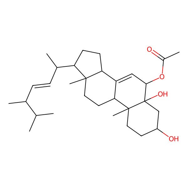 2D Structure of [(3S,5R,6R,9S,10R,13R,14R,17R)-17-[(E,2R,5R)-5,6-dimethylhept-3-en-2-yl]-3,5-dihydroxy-10,13-dimethyl-1,2,3,4,6,9,11,12,14,15,16,17-dodecahydrocyclopenta[a]phenanthren-6-yl] acetate
