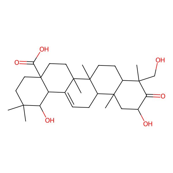 2D Structure of (1S,4aR,6aR,6aS,6bR,8aR,9S,11R,12aR,14bS)-1,11-dihydroxy-9-(hydroxymethyl)-2,2,6a,6b,9,12a-hexamethyl-10-oxo-3,4,5,6,6a,7,8,8a,11,12,13,14b-dodecahydro-1H-picene-4a-carboxylic acid
