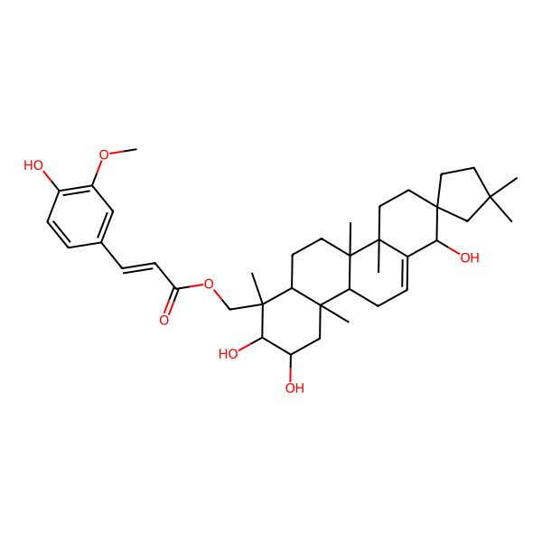 2D Structure of [(1R,2R,3R,4aR,4bR,7S,8R,10aS,10bR,12aR)-2,3,7-trihydroxy-1,1',1',4a,10a,10b-hexamethylspiro[3,4,4b,5,7,9,10,11,12,12a-decahydro-2H-chrysene-8,3'-cyclopentane]-1-yl]methyl (E)-3-(4-hydroxy-3-methoxyphenyl)prop-2-enoate