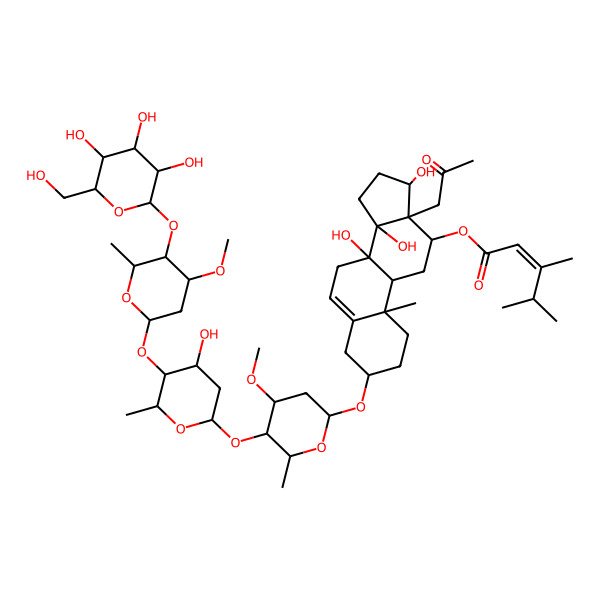 2D Structure of [(3S,8S,10R,12R,13S,14R,17S)-8,14,17-trihydroxy-3-[(2R,4R,5S,6R)-5-[(2S,4R,5R,6R)-4-hydroxy-5-[(2S,4R,5S,6R)-4-methoxy-6-methyl-5-[(2S,3R,4S,5S,6R)-3,4,5-trihydroxy-6-(hydroxymethyl)oxan-2-yl]oxyoxan-2-yl]oxy-6-methyloxan-2-yl]oxy-4-methoxy-6-methyloxan-2-yl]oxy-10-methyl-13-(2-oxopropyl)-2,3,4,7,9,11,12,15,16,17-decahydro-1H-cyclopenta[a]phenanthren-12-yl] (E)-3,4-dimethylpent-2-enoate