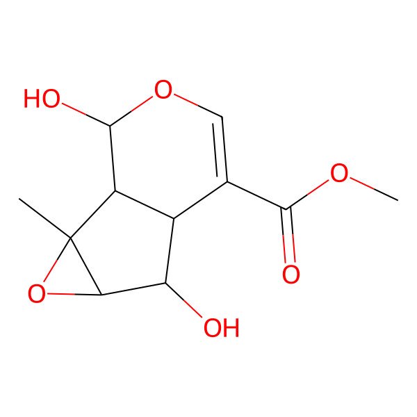 2D Structure of methyl (1S,2R,4S,5S,6S,10R)-5,10-dihydroxy-2-methyl-3,9-dioxatricyclo[4.4.0.02,4]dec-7-ene-7-carboxylate