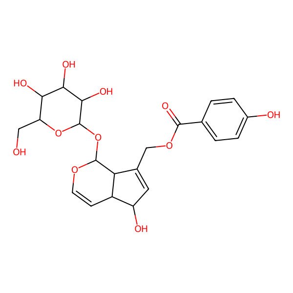 2D Structure of [5-Hydroxy-1-[3,4,5-trihydroxy-6-(hydroxymethyl)oxan-2-yl]oxy-1,4a,5,7a-tetrahydrocyclopenta[c]pyran-7-yl]methyl 4-hydroxybenzoate