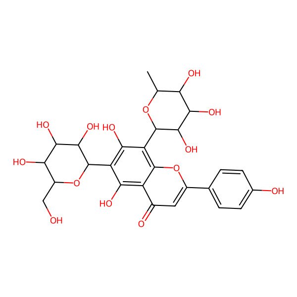 2D Structure of 5,7-dihydroxy-2-(4-hydroxyphenyl)-6-[(2S,4R,5S)-3,4,5-trihydroxy-6-(hydroxymethyl)oxan-2-yl]-8-[(2S,5R,6S)-3,4,5-trihydroxy-6-methyloxan-2-yl]chromen-4-one