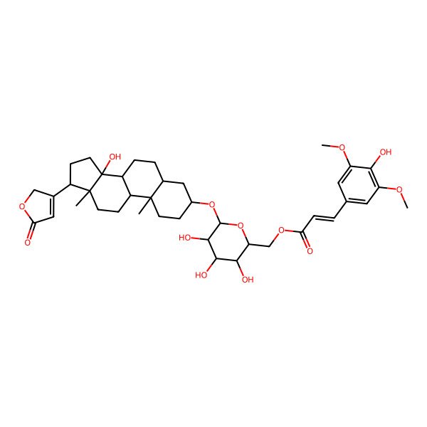 2D Structure of 3beta-[[6-O-[3-(3,5-Dimethoxy-4-hydroxyphenyl)propenoyl]-beta-D-glucopyranosyl]oxy]-14-hydroxy-5alpha-card-20(22)-enolide