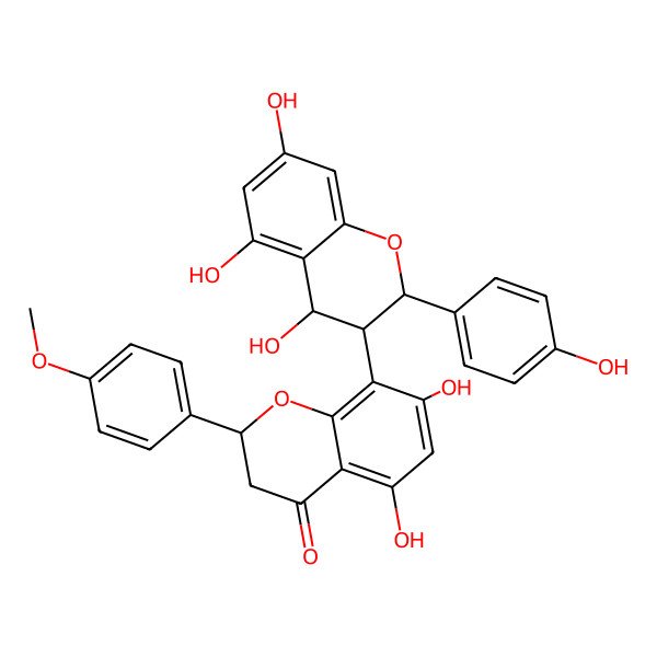 2D Structure of (2S)-5,7-dihydroxy-2-(4-methoxyphenyl)-8-[(2R,3R)-4,5,7-trihydroxy-2-(4-hydroxyphenyl)-3,4-dihydro-2H-chromen-3-yl]-2,3-dihydrochromen-4-one