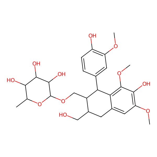2D Structure of (2R,3R,4R,5R,6S)-2-[[(1S,2R,3R)-7-hydroxy-1-(4-hydroxy-3-methoxyphenyl)-3-(hydroxymethyl)-6,8-dimethoxy-1,2,3,4-tetrahydronaphthalen-2-yl]methoxy]-6-methyloxane-3,4,5-triol