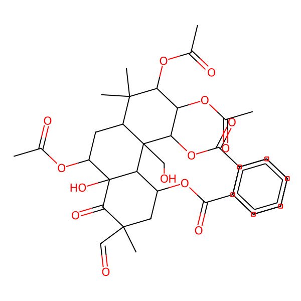 2D Structure of [(2R,4R,4bS,5R,6S,7S,10R,10aR)-6,7,10-triacetyloxy-5-benzoyloxy-2-formyl-10a-hydroxy-4b-(hydroxymethyl)-2,8,8-trimethyl-1-oxo-4,4a,5,6,7,8a,9,10-octahydro-3H-phenanthren-4-yl] benzoate