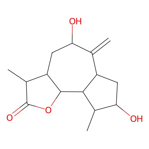 2D Structure of (3S,3abeta,6abeta,9abeta,9balpha)-3beta,9beta-Dimethyl-5beta,8alpha-dihydroxy-6-methylenedecahydroazuleno[4,5-b]furan-2(3H)-one
