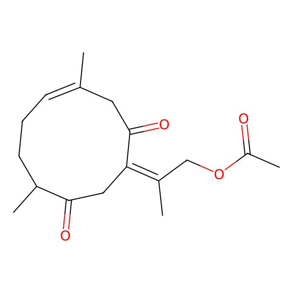 2D Structure of (6E)-3-[(E)-1-(Acetoxymethyl)ethylidene]-6,10alpha-dimethyl-6-cyclodecene-1,4-dione