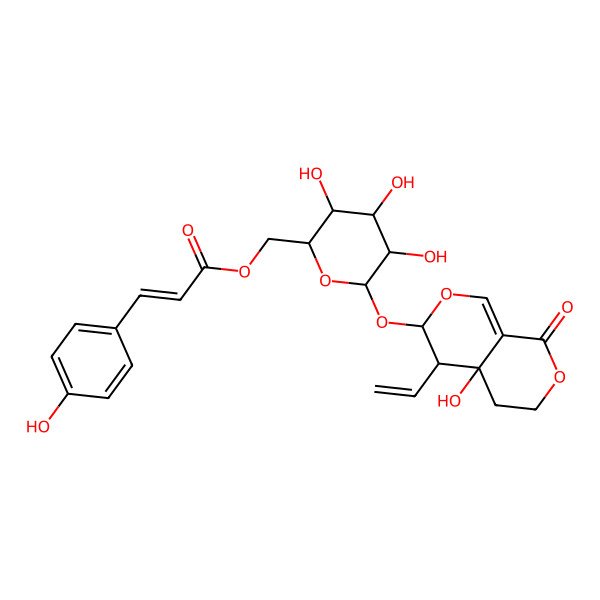 2D Structure of [(2R,3S,4S,5R,6S)-6-[[(3S,4R,4aR)-4-ethenyl-4a-hydroxy-8-oxo-3,4,5,6-tetrahydropyrano[3,4-c]pyran-3-yl]oxy]-3,4,5-trihydroxyoxan-2-yl]methyl (Z)-3-(4-hydroxyphenyl)prop-2-enoate