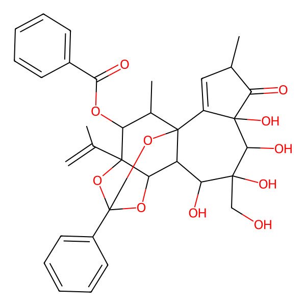 2D Structure of [(1R,4S,6S,7R,8R,9S,10S,11R,15S,16R,17R)-6,7,8,9-tetrahydroxy-8-(hydroxymethyl)-15-isopropenyl-4,17-dimethyl-5-oxo-13-phenyl-12,14,18-trioxapentacyclo[11.4.1.01,10.02,6.011,15]octadec-2-en-16-yl] benzoate